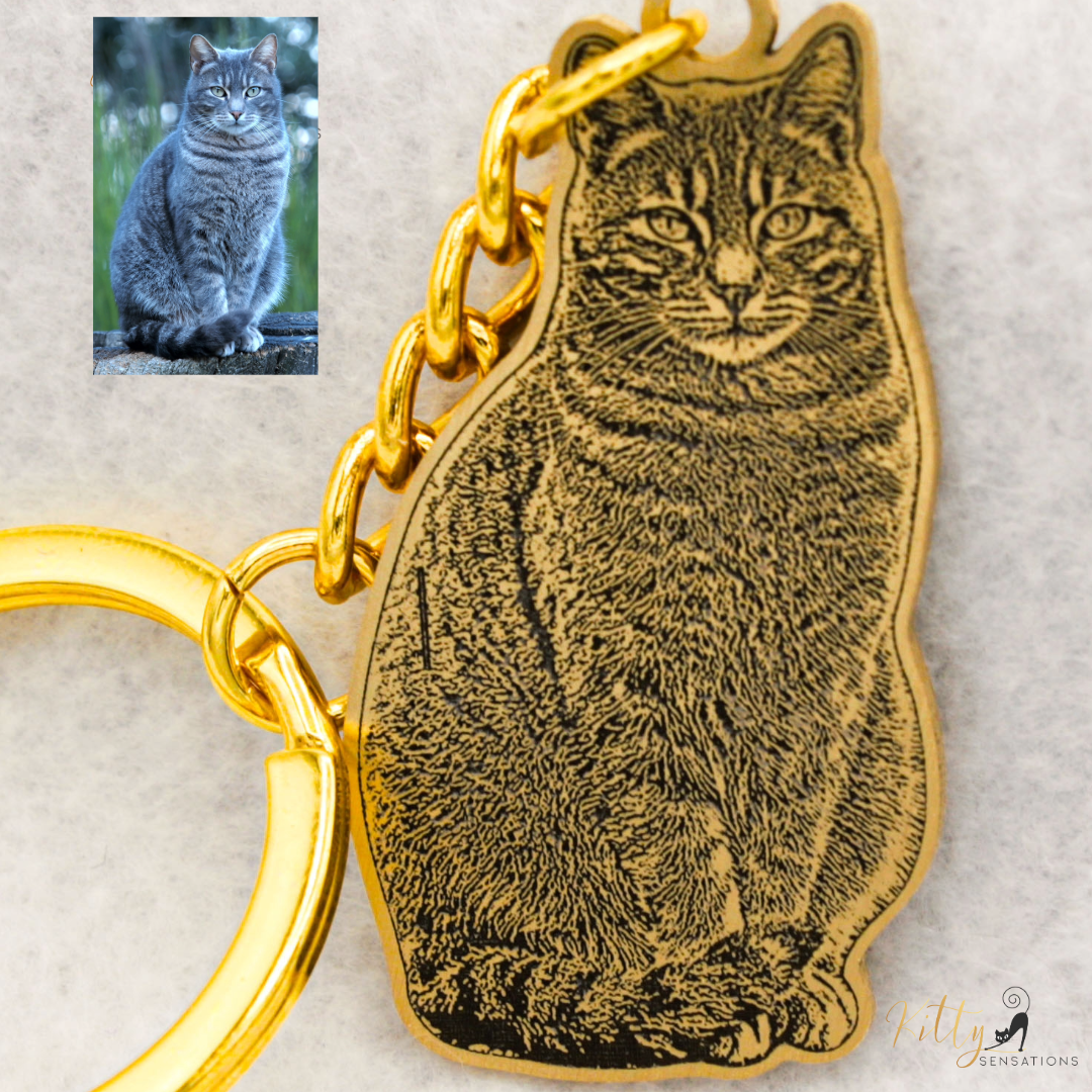 KittySensations™ Custom Cat Keychain with Personal Engraving in Solid 925 Sterling Silver or Gold / Rose Gold Plated Titanium ($59.95)