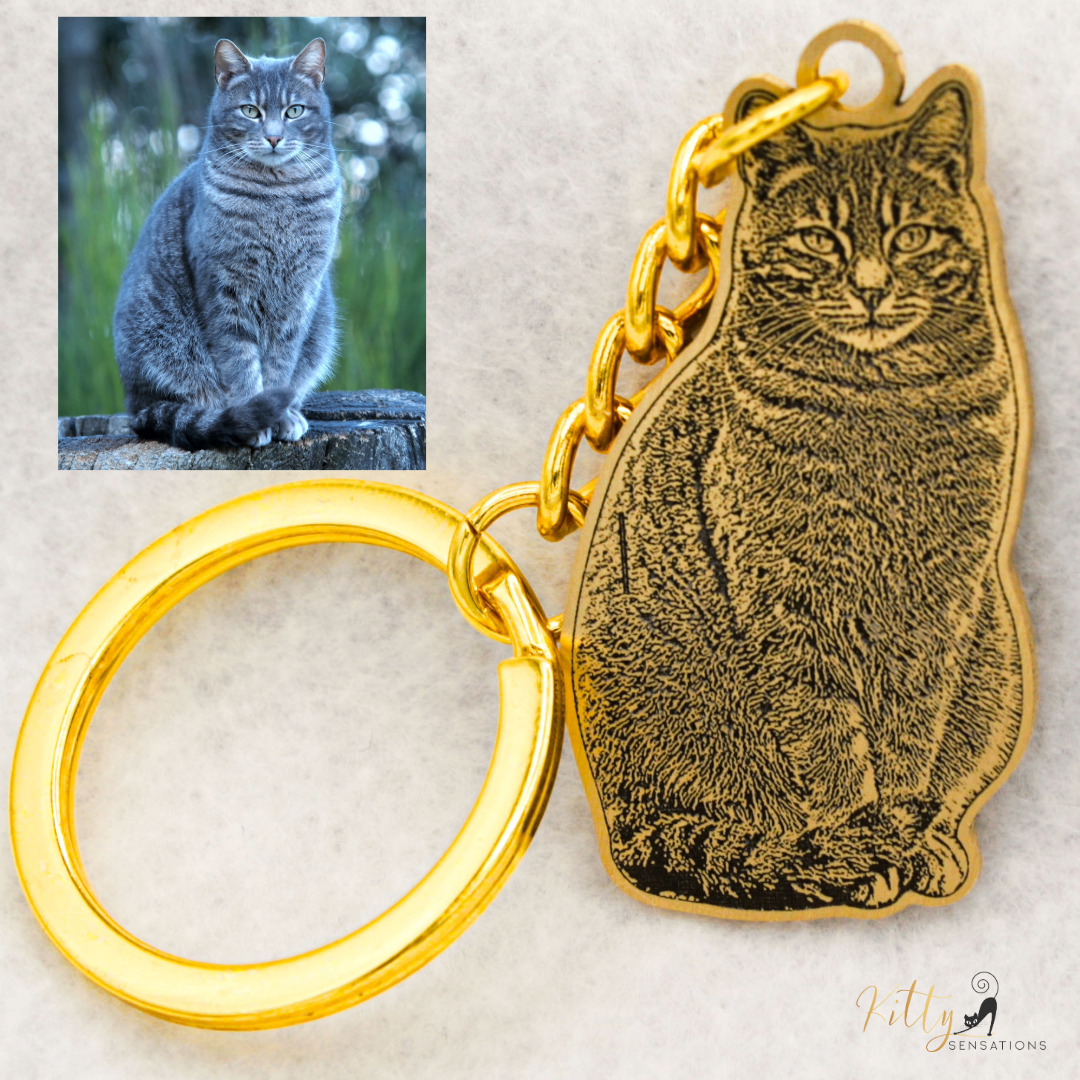 KittySensations™ Custom Cat Keychain with Personal Engraving in Solid 925 Sterling Silver or Gold / Rose Gold Plated Titanium ($59.95)