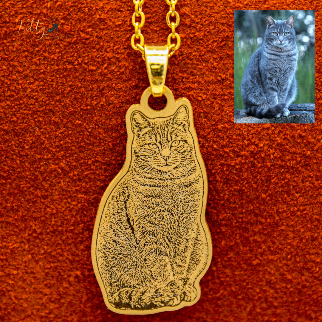 KittySensations™ Custom Cat Necklace with Personal Engraving in Solid 925 Sterling Silver or Gold / Rose Gold Plated Titanium ($59.95)