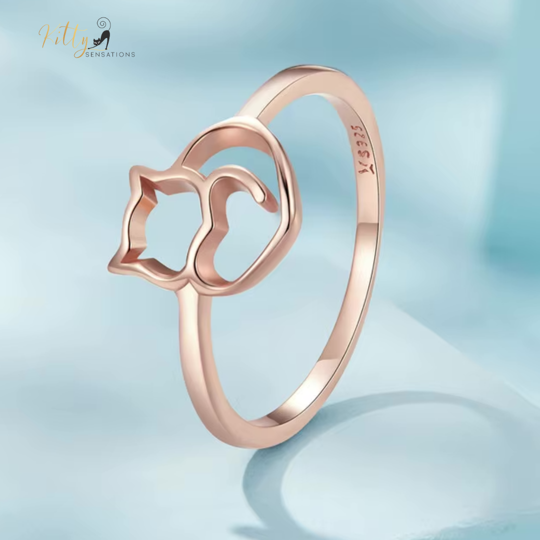 Cat Heart Ring in Solid 925 Sterling Silver (Rose Gold Plated)