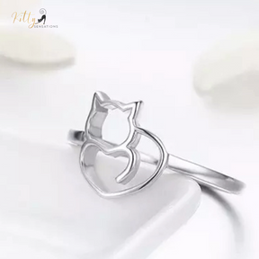 Cat Heart Ring in Solid 925 Sterling Silver (Platinum Plated)