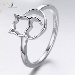 Cat Heart Ring in Solid 925 Sterling Silver (Platinum Plated)