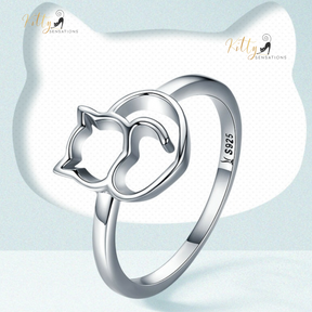 Cat Heart Ring in Solid 925 Sterling Silver (Platinum Plated)