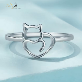 Cat Heart Ring in Solid 925 Sterling Silver (Platinum Plated)