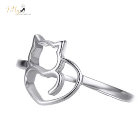 Cat Heart Ring in Solid 925 Sterling Silver (Platinum Plated)