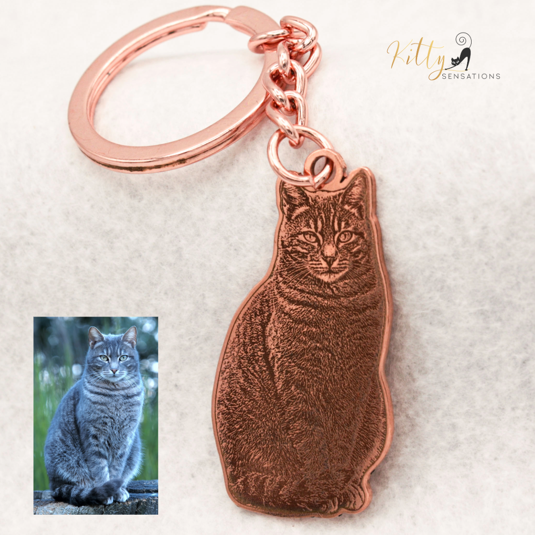 KittySensations™ Custom Cat Keychain with Personal Engraving in Solid 925 Sterling Silver or Gold / Rose Gold Plated Titanium ($59.95)