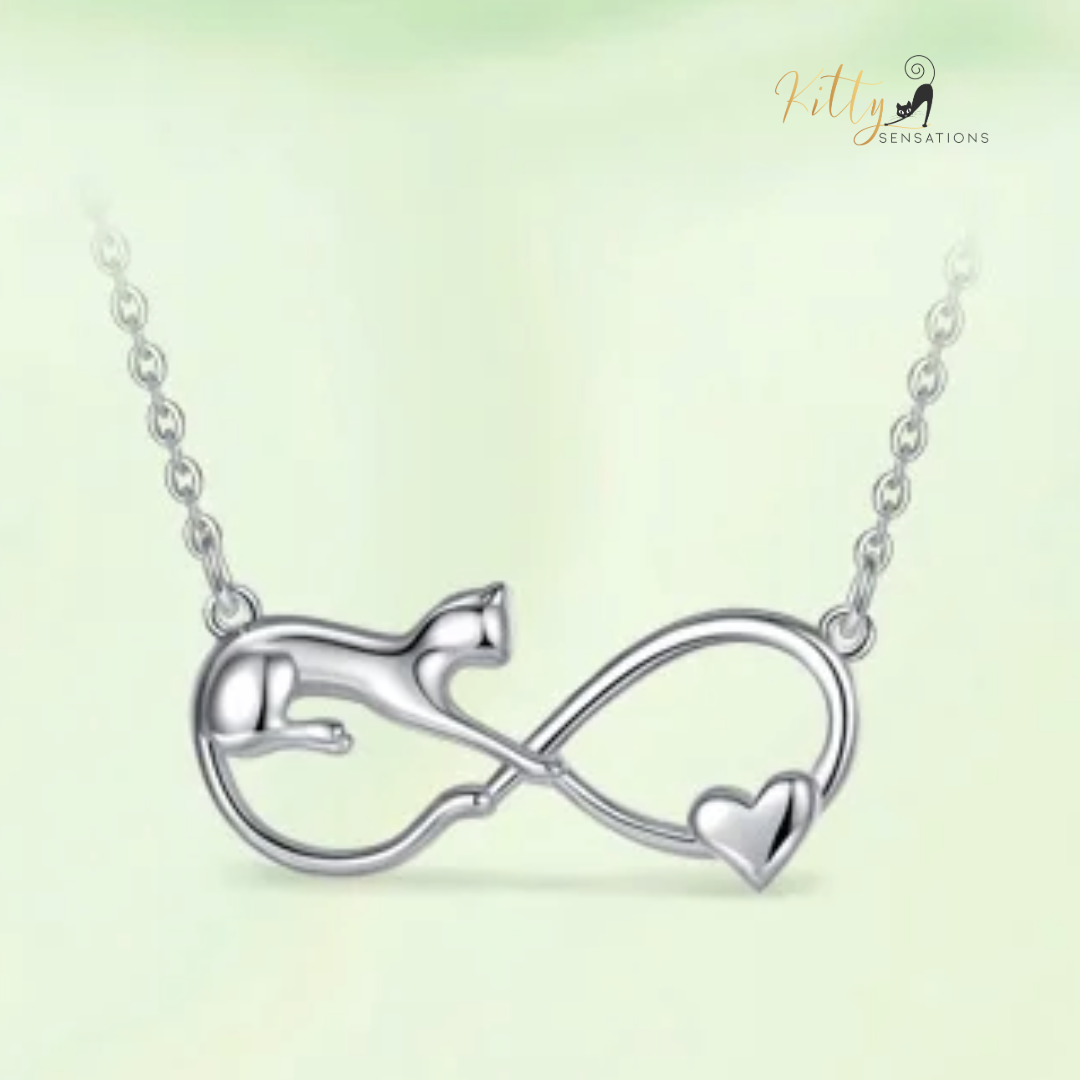 Infinite Love Cat Necklace in Solid 925 Sterling Silver - 18K Rhodium Plated, Heirloom Quality