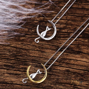 cat moon necklace in sterling silver - two toned and silver