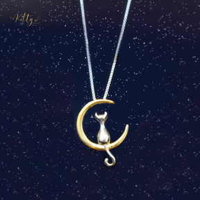 cat moon necklace in sterling silver - two tone - gold and silver