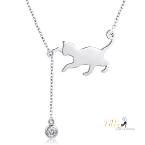 Playful Cat Necklace in Solid 925 Sterling Silver and Zircon - available in silver, gold, and rose gold finishes for $52.04