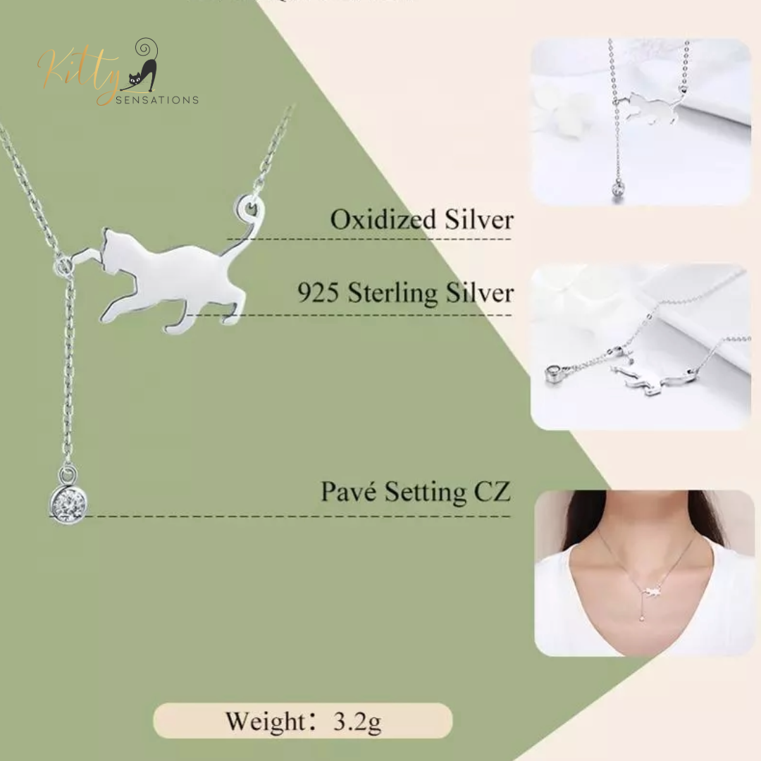 Playful Cat Necklace in Solid 925 Sterling Silver and Zircon - available in silver, gold, and rose gold finishes for $52.04