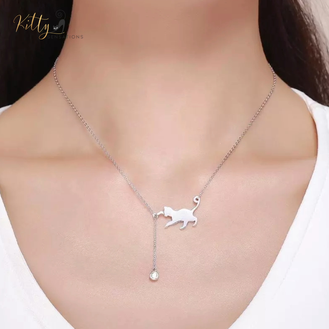 Playful Cat Necklace in Solid 925 Sterling Silver and Zircon - available in silver, gold, and rose gold finishes for $52.04