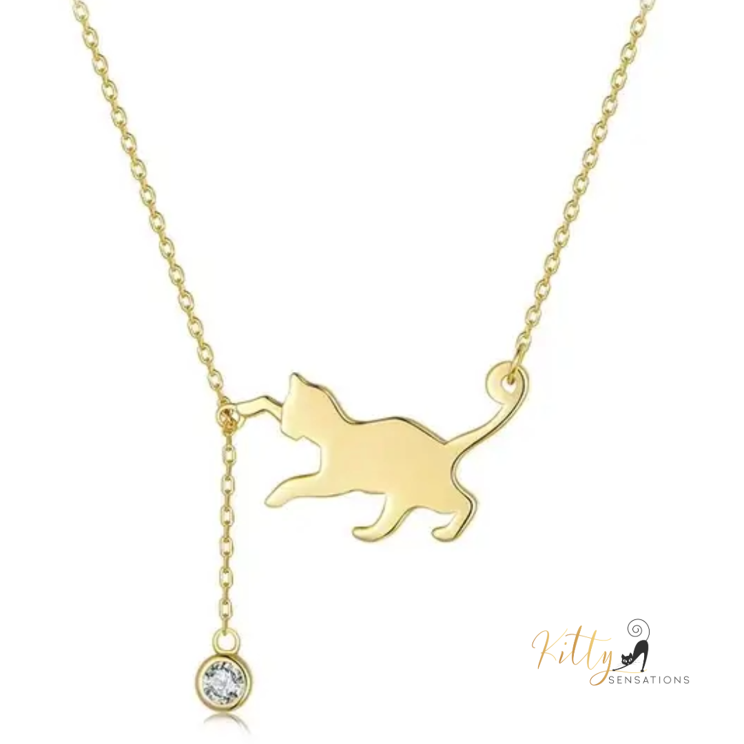 Playful Cat Necklace in Solid 925 Sterling Silver and Zircon - available in silver, gold, and rose gold finishes for $52.04