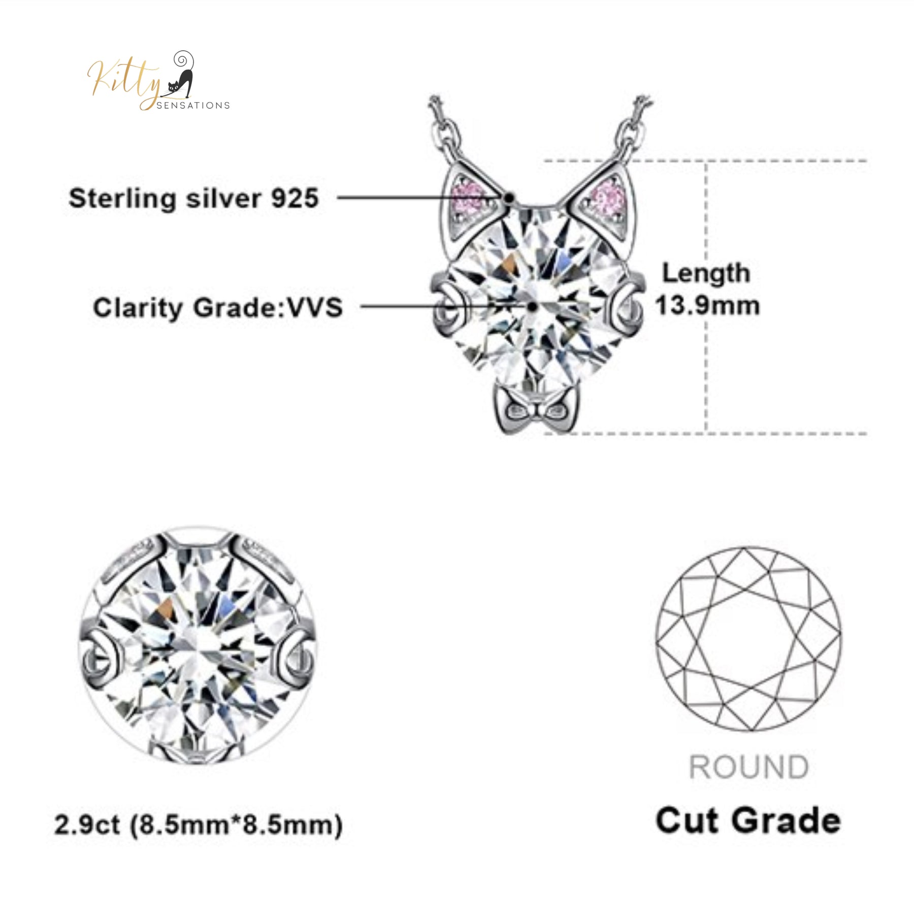 Classy Sparkling CZ Kitty 3-Piece Jewelry Set (Fine Jewelry) in Solid 925 Sterling Silver