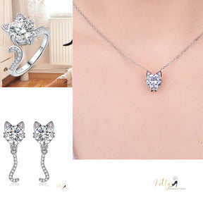 Classy Sparkling CZ Kitty 3-Piece Jewelry Set (Fine Jewelry) in Solid 925 Sterling Silver