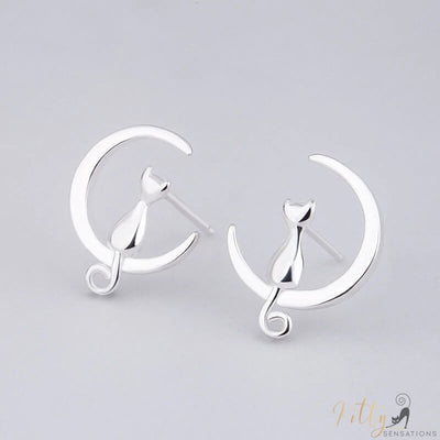 Cat Moon Earrings in Sterling Silver - Handmade