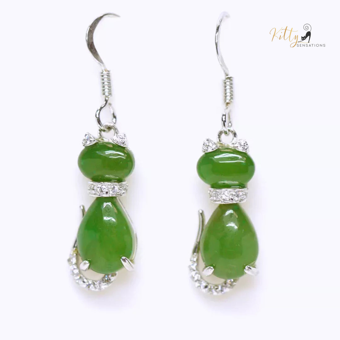 Jade Cat Earrings in Solid 925 Sterling Silver (Natural Jade, Fine Jew