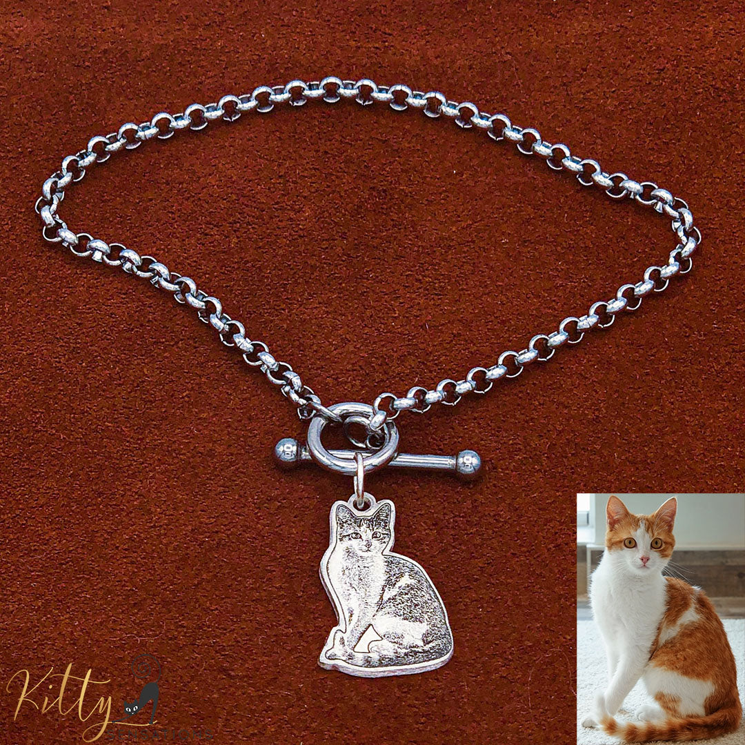 KittySensations™ Custom Cat Charm Bracelet with Personal Engraving in Solid 925 Sterling Silver or Gold Plated Titanium - Your Choice! ($59.95)